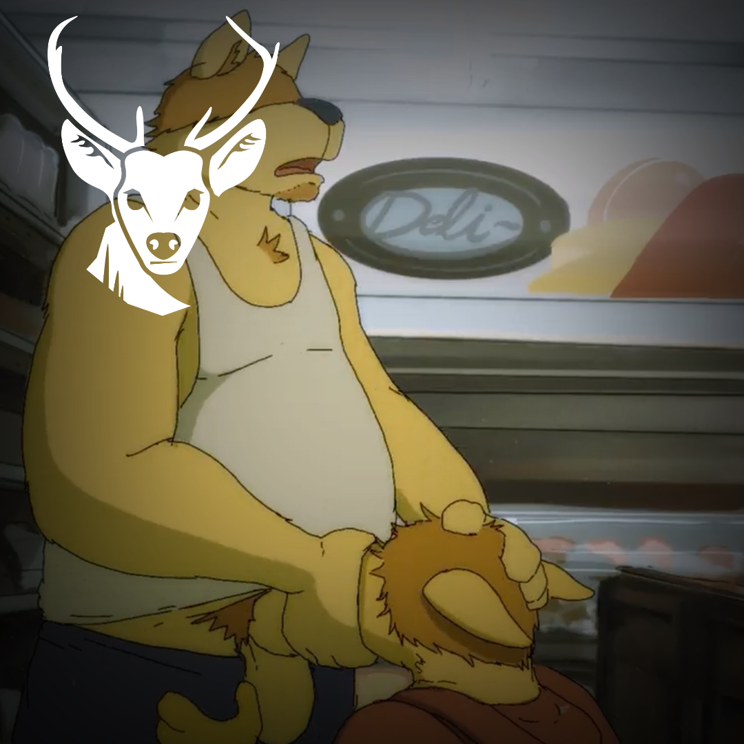 an older anthro dog with his dick shoved into his adult son's mouth in a deli