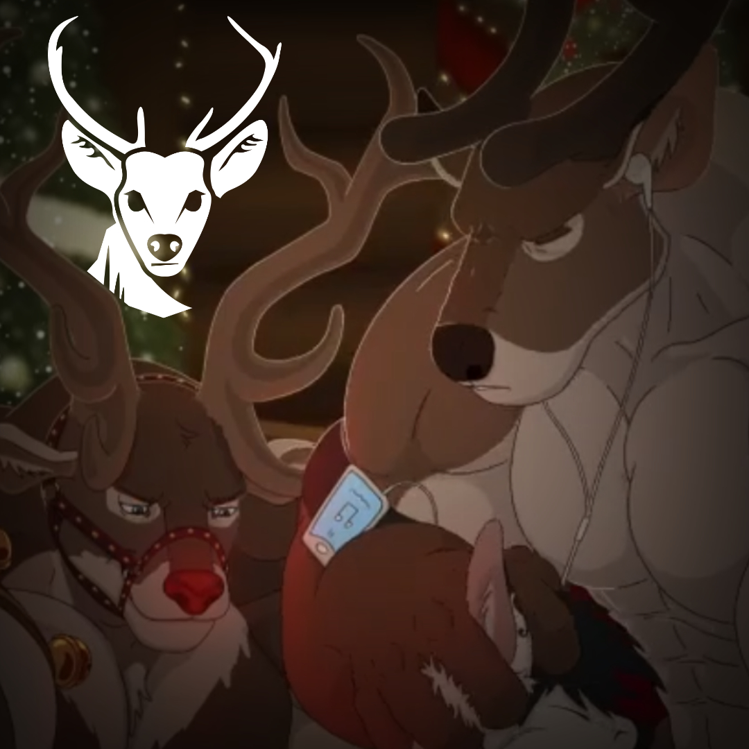 reindeer with headphones facefucking dugan, rudolph watches from the corner. the audio elk logo is in the top left